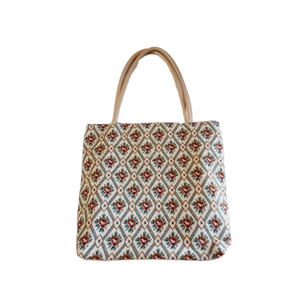 Handbag Purse Sewing Bag Beige Multicolor Tapestry Fabric 14x12.5